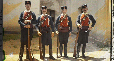 Tesalónica (Grecia), grupo de soldados cretenses, 1913, los Balcanes, Jean Brunhes y Auguste Léon