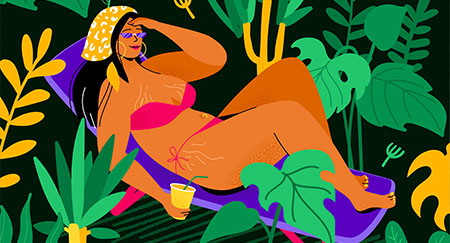 Bunte, flache Illustration im Designstil mit Zeichentrickfigur. Starke, attraktive Frau beim Sonnenbaden im Gras.