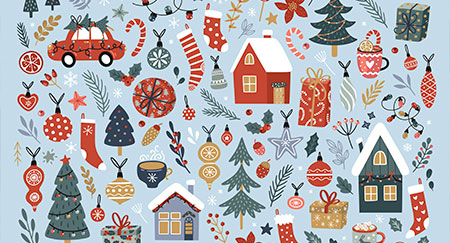 Christmas vector collection of decorative winter elements with cute houses, trees, christmas ornaments and baubles, branches, socks, gifts.