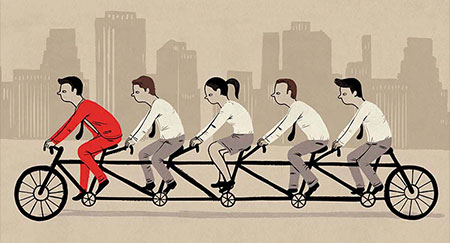 Illustration, die Menschen auf einem Tandem-Fahrrad zeigt, um Teamarbeit zu symbolisieren.