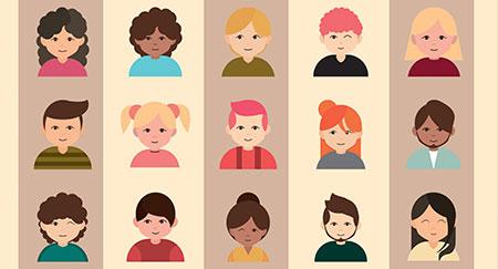 Flat vector icons illustrating a range of ethnicities