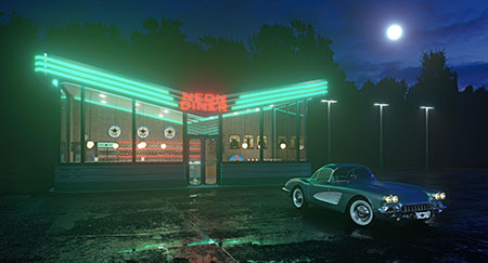 Illustrazione 3D di tavola calda con luci al neon e automobile retrò a tarda notte.