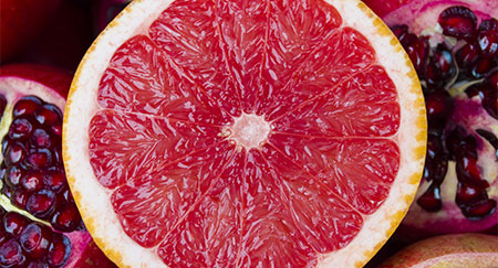 Frische Grapefruit auf granatapfelfarbigem Hintergrund