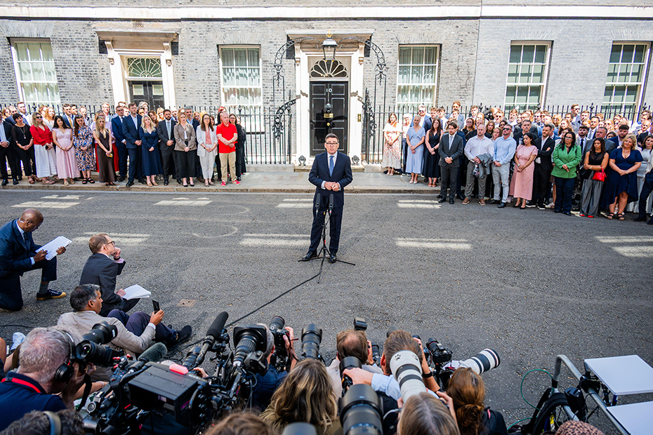 Andy Burnham MP replaces Sir Keir Starmer, as the Prime Minister, making his initial speech in Downing Street after seeing the King.