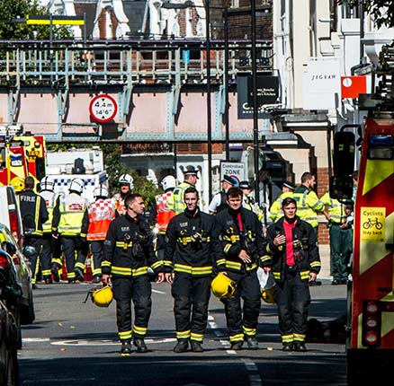 Emergency services attend to the scene near Parsons Green Underground Station. Several people have been injured after an explosion on a tube train in south-west London. The Police are treating the incident as terrorism.