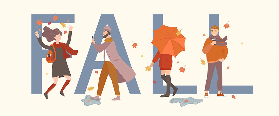 Mot d'automne avec des gens devant. Différents personnages en automne. Fille sautant, homme marchant avec un téléphone, hipster avec du café.