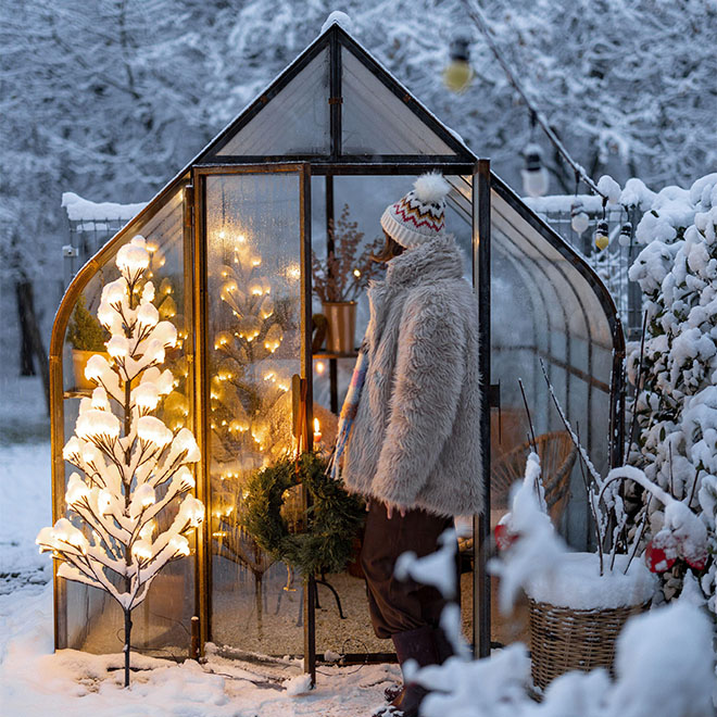 Snowy yard with glasshouse and glowing tree garland