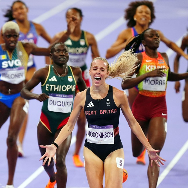 Great Britain's Keely Hodgkinson celebrates winning the Women's 800m Final at the Stade de France on the tenth day of the 2024 Paris Olympic Games in France