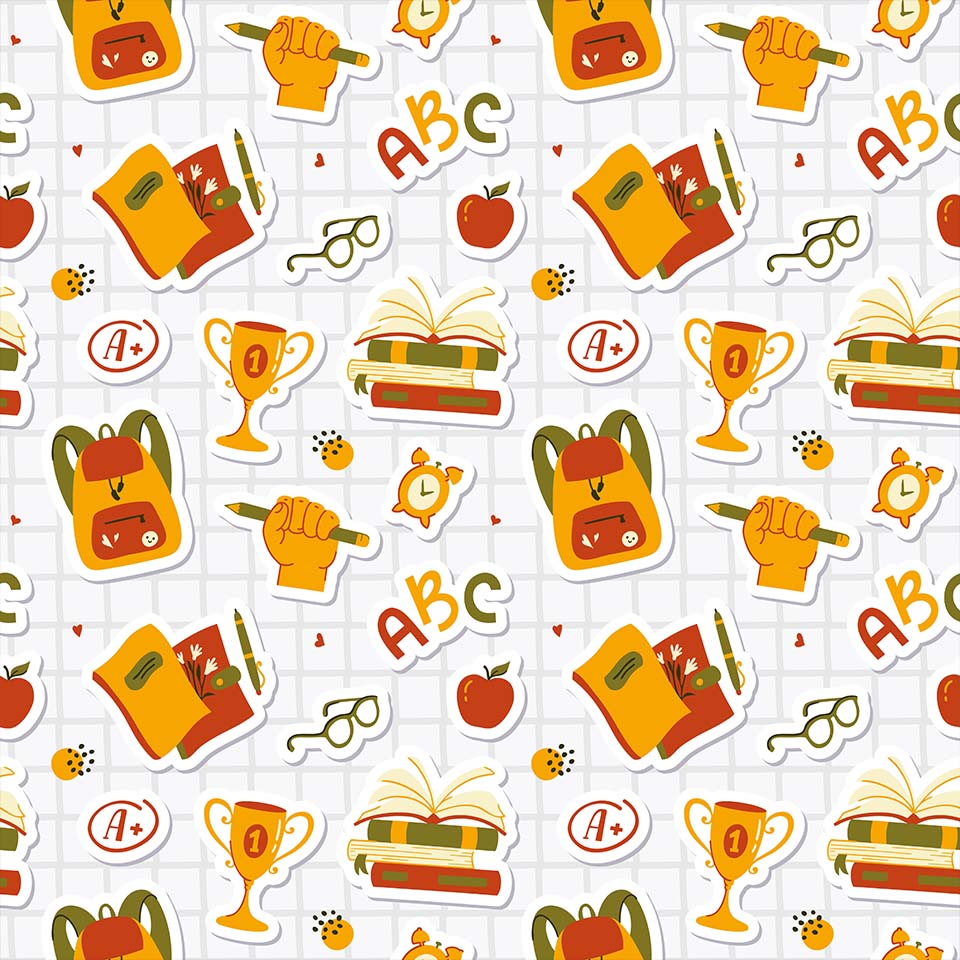 Back to School. Seamless pattern with school-themed stickers - books, backpacks, notebooks, apples, glasses, etc. Stylish vector background.