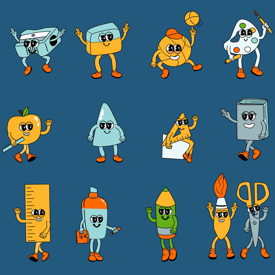 Vector image of y2k school characters set. Collection of school groovy supplies with funny faces