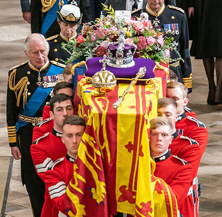 King Charles III, the Queen Consort, the Princess Royal, Vice Admiral Sir Tim Laurence, the Duke of York, the Earl of Wessex, the Countess of Wessex, the Prince of Wales, the Princess of Wales follow behind the coffin of Queen Elizabeth II