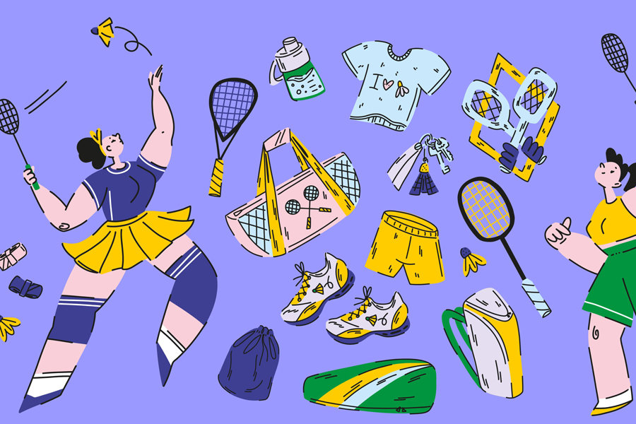Large badminton set on purple, girls playing a game with rackets among the equipment