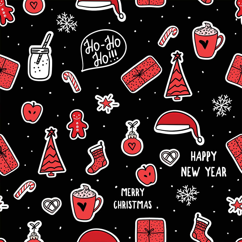 Vector new year seamless pattern. Christmas symbols holidays design. Stikers on dark background.