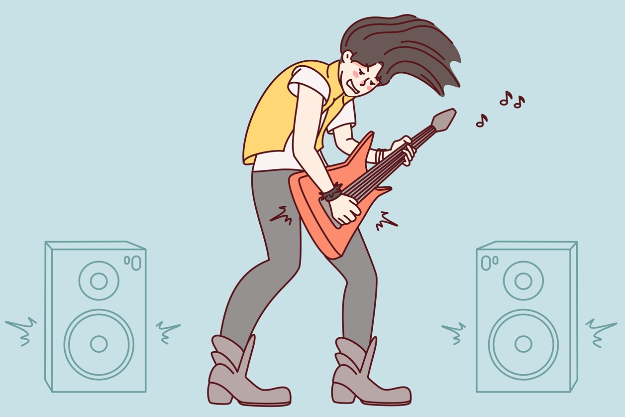 Vector illustration of a rocker with electric guitar have fun play on stage