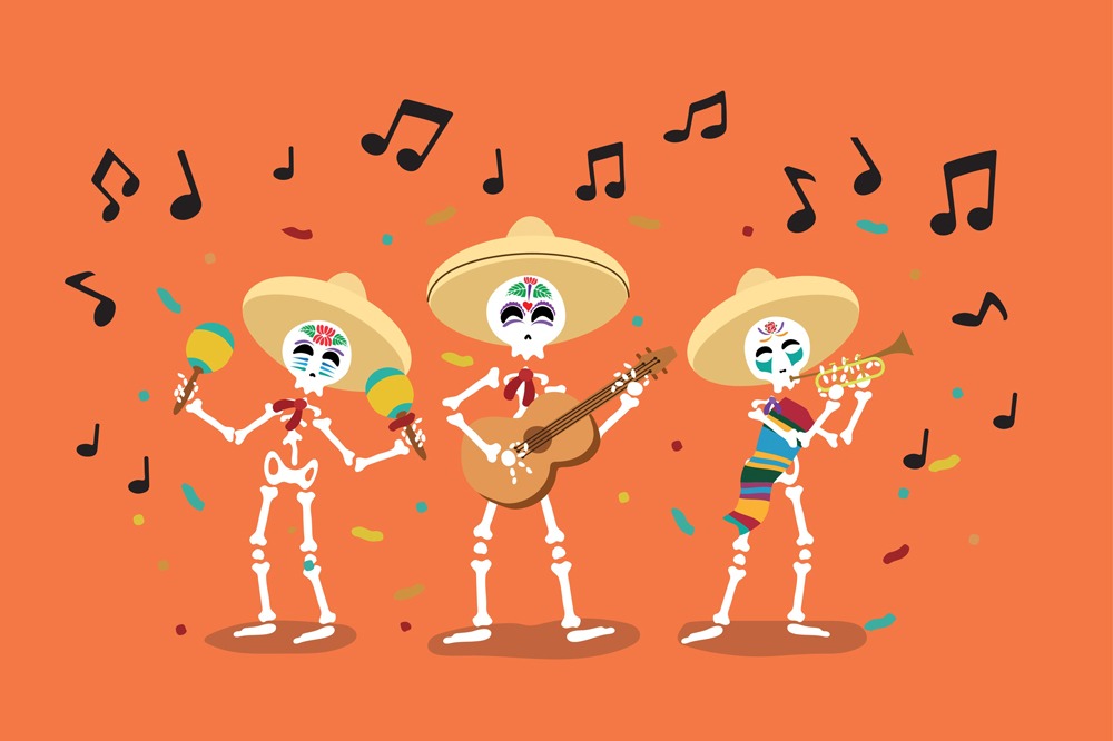 Vector of Skeleton Mariachi musicians bringing joy to Dia De Muertos Festival