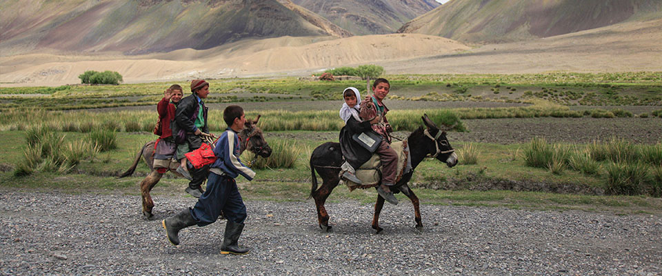 Schoolchildren on their way to school near Sarhad-e-broghil in the Wakhan Corridor, Badakhshan, Afghanistan