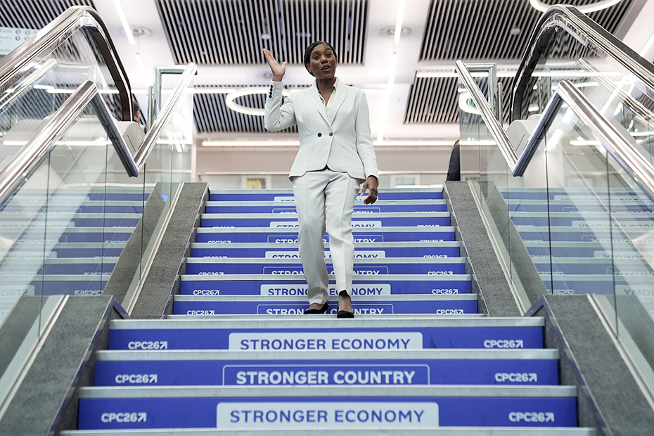 Conservative Party leader Kemi Badenoch after conducting media interviews during the Conservative Party conference at the International Convention Centre, Birmingham.