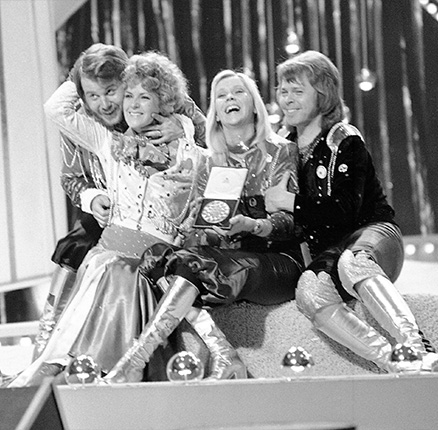 Swedish pop group ABBA celebrate winning the 1974 Eurovision Song Contest on stage at the Brighton Dome in England on April 6, 1974, with their song Waterloo. L-R: Benny Andersson, Anni-Frid Lyngstad (Frida), Agnetha Faltskog, and Bjorn Ulvaeus.