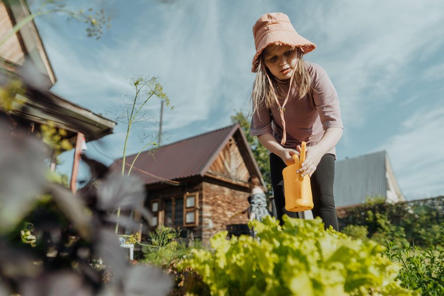 Girl watering plants in garden with yellow watering can on sunny day