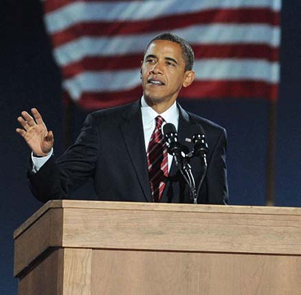 Democratic presidential candidate Barack Obama addresses supporters during his election night victory rally at Grant Park on November 4, 2008 in Chicago, Illinois.