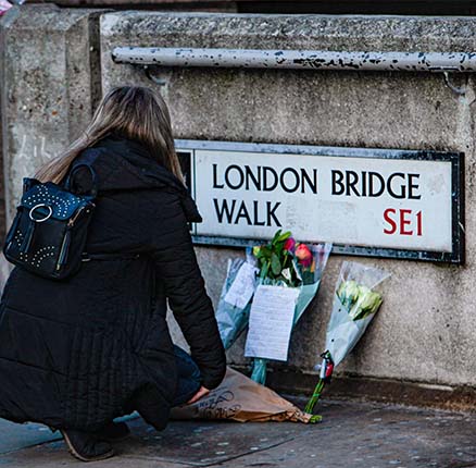 Floral tributes were left at the corner of London Bridge by a member of the public in memory of those who were killed in yesterday's terrorist attack by Unman Khan, who was shot dead at the scene by police
