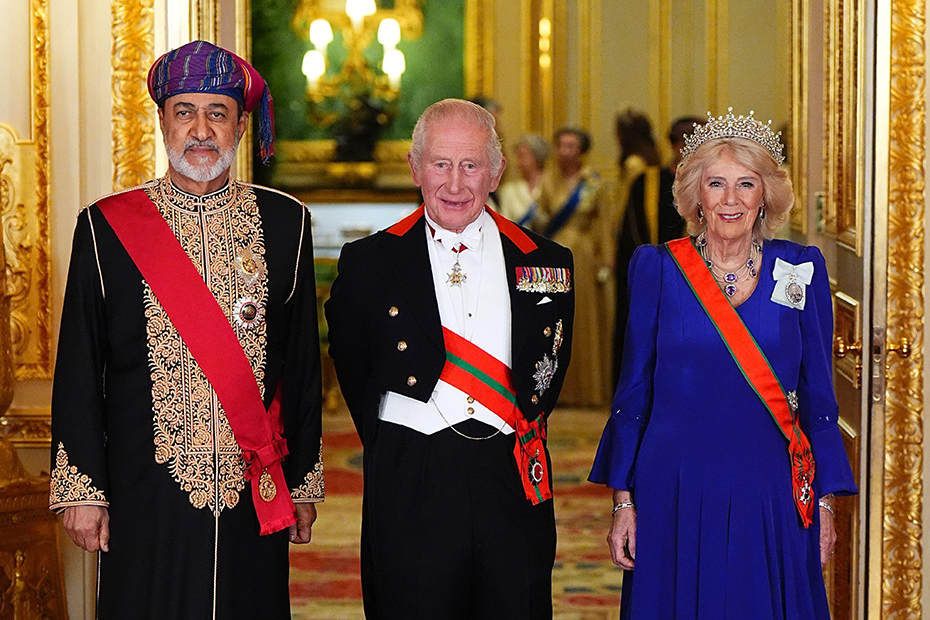 The Sultan of Oman, Sultan Haitham bin Tarik al Said (left) with King Charles III and Queen Camilla, standing for the formal photograph before the state banquet for the Sultan of Oman, Sultan Haitham bin Tarik al Said at Windsor Castle