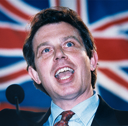 Prime minister Tony Blair against a Union Jack in 1996 soon after becoming leader of the labour party 