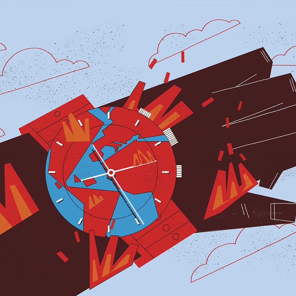 Climate change and global warming concept. The illustration shows a hand wearing a watch in flames which warning us that climate challenge is a matter.