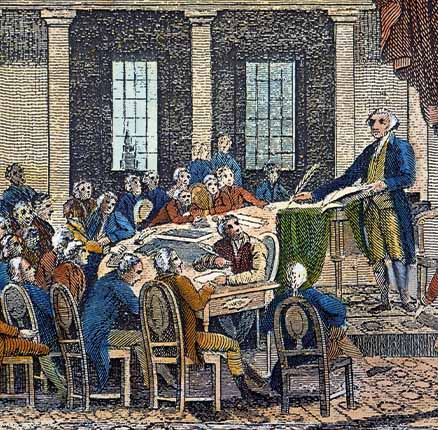 George Washington presiding at the Constitutional Convention at Philadelphia in 1787. Line engraving, American, 1823.