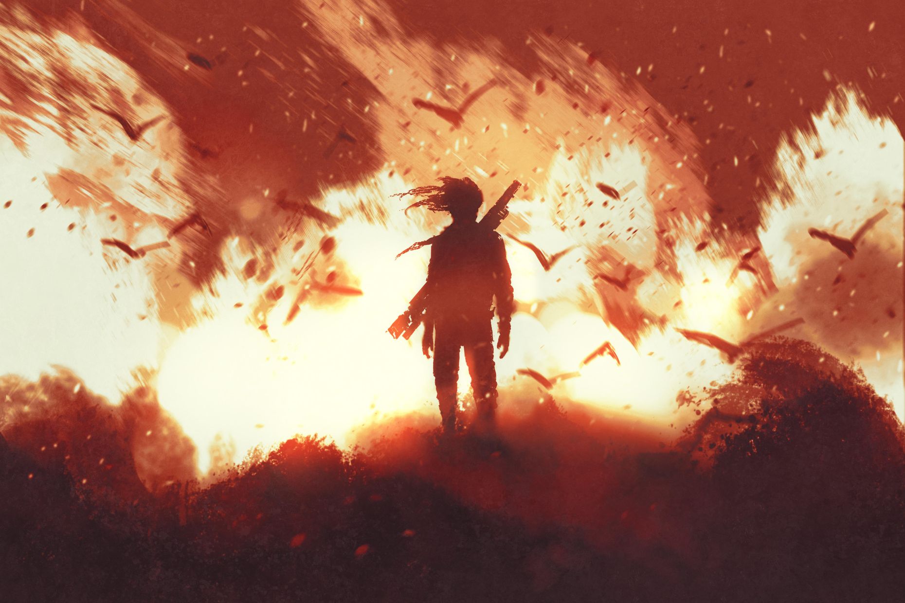 man with gun standing against fire background,illustration painting - Image ID: GYR5KG (RF)