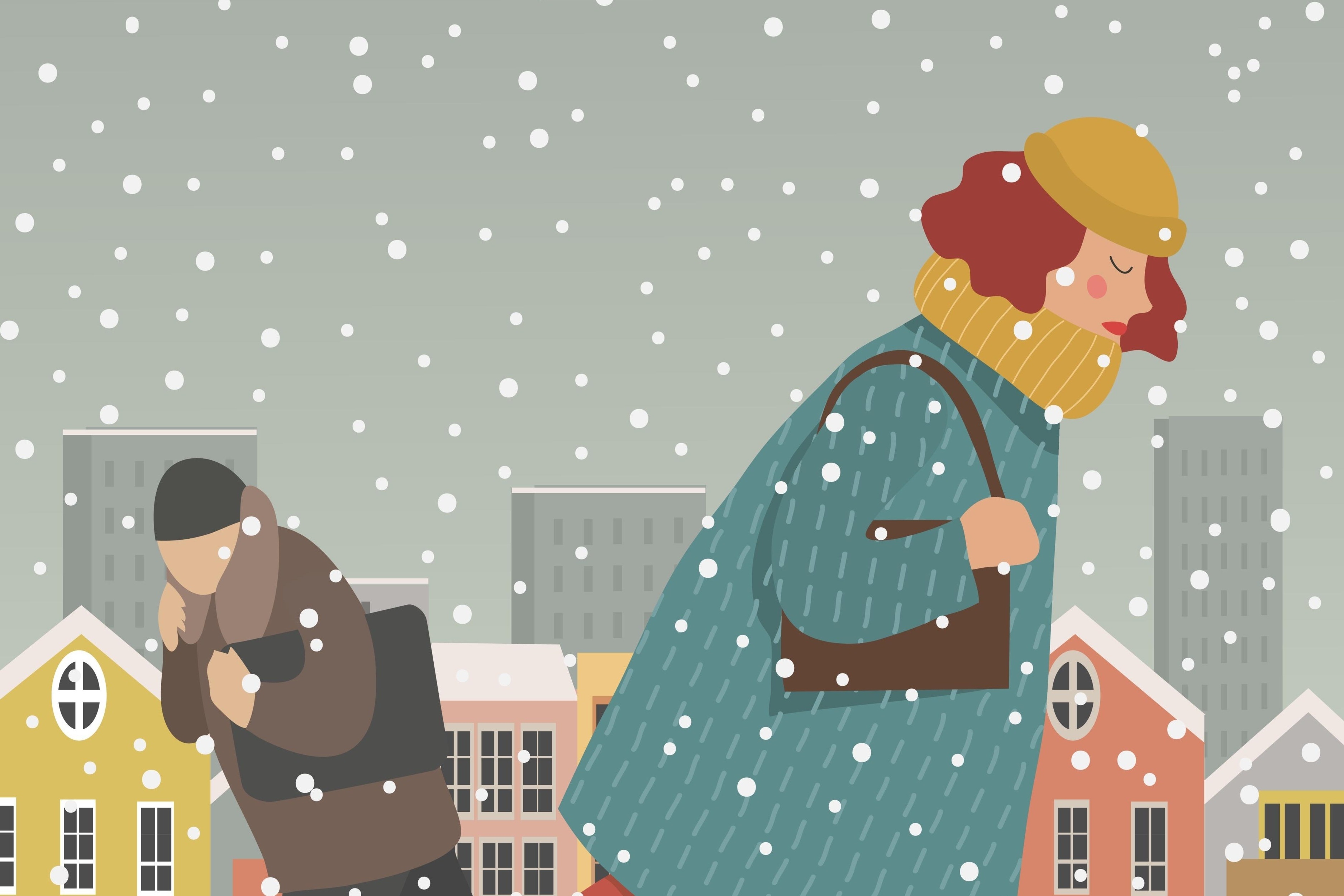 illustration of people, walking under the snow in the street against the background of urban snowy houses