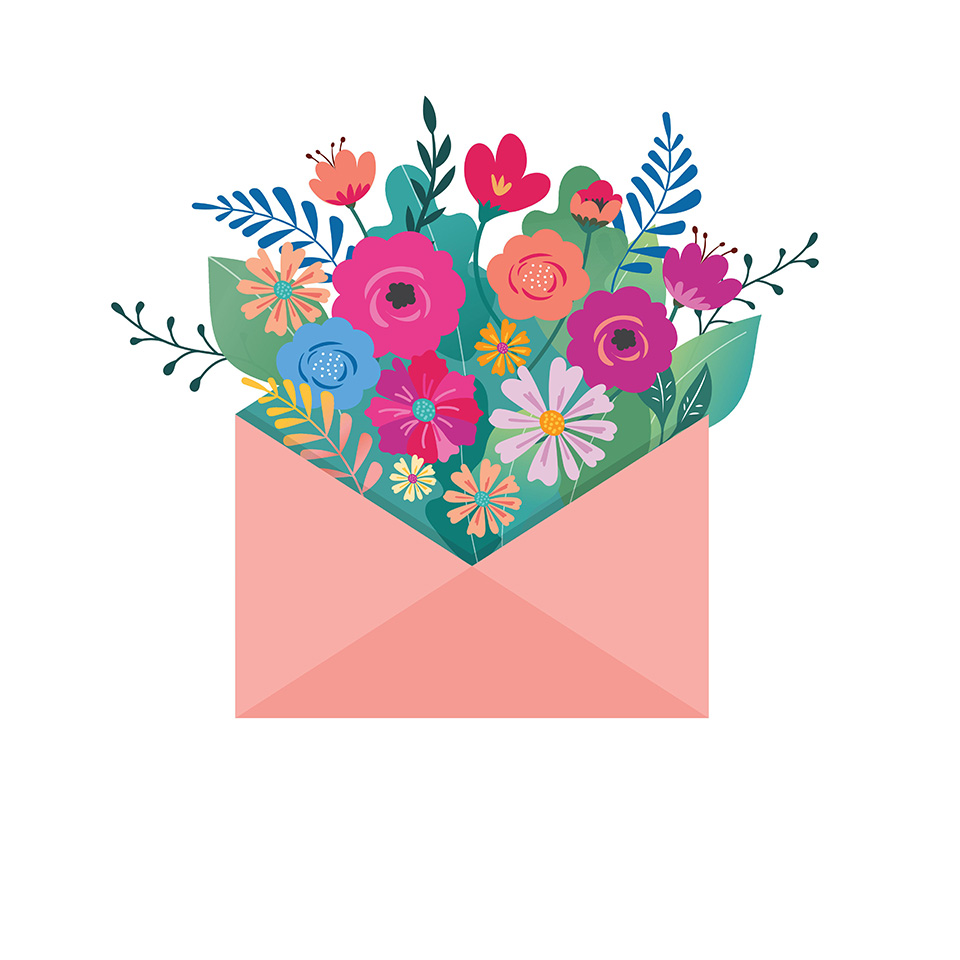 Hello spring, letter envelope with flower bouquet, vector illustration.