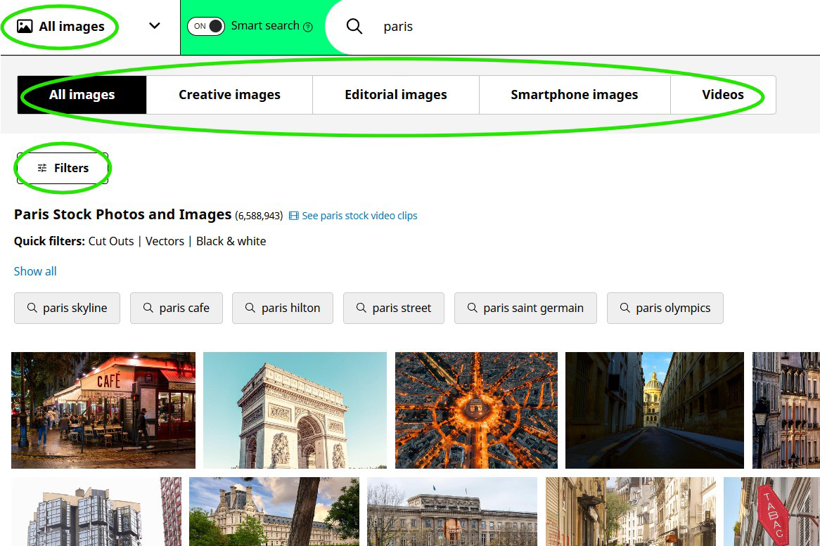 17�Թ����� search results page highlighting the filter panel options for refining a Paris city landmark search