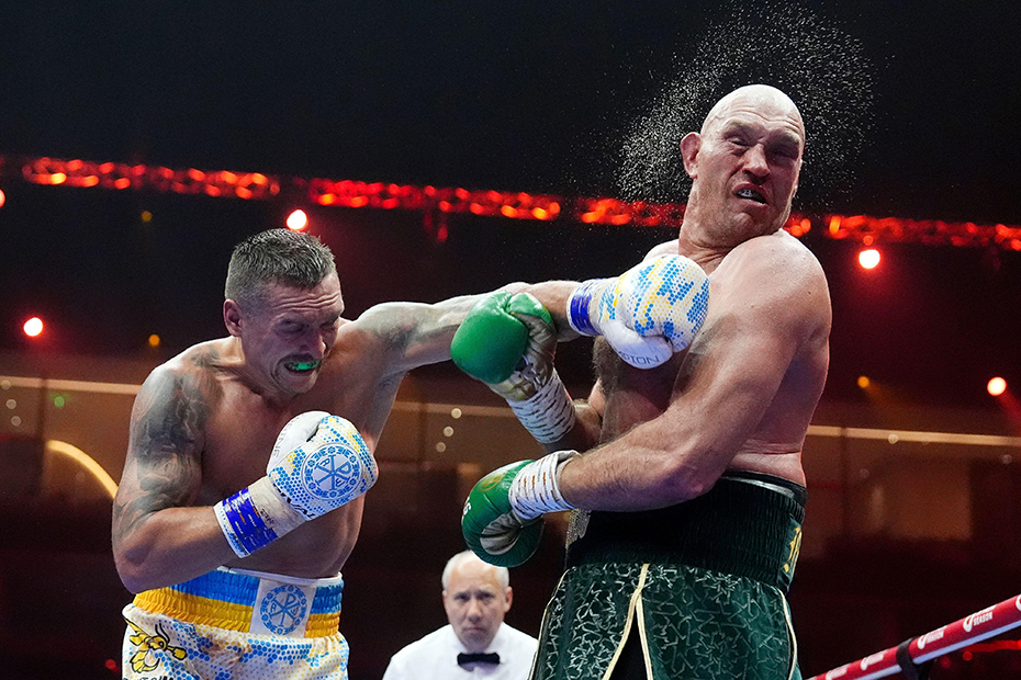 Oleksandr Usyk on the way to a split-decision points win over Tyson Fury to became boxing's first four-belt undisputed heavyweight champion at Kingdom Arena, Riyadh.