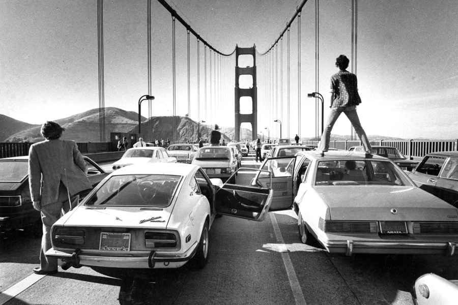 Commuters can only stand and watch as a traffic jam forms on the Golden Gate Bridge, June 3rd 1980