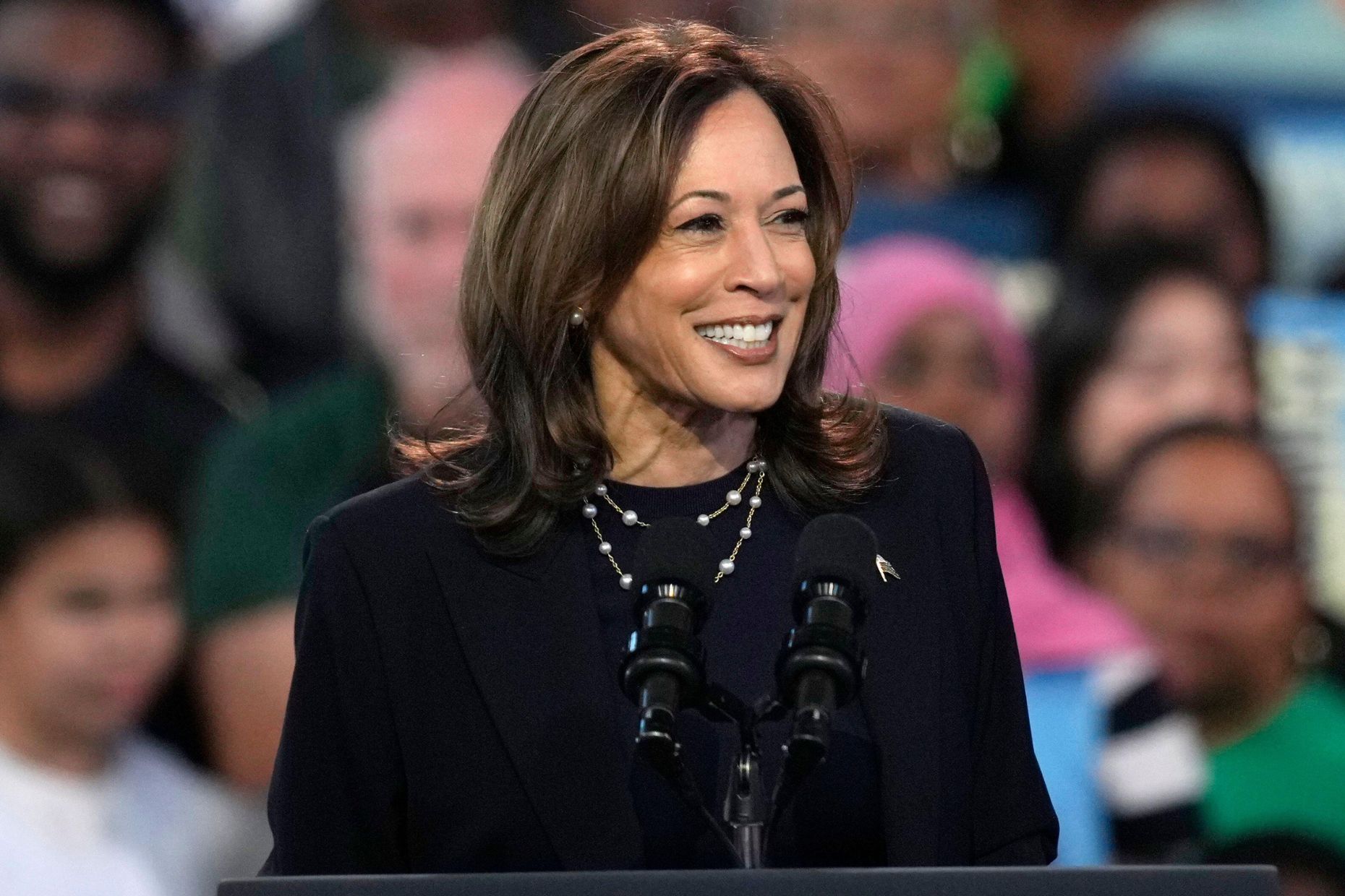 Democratic presidential nominee Vice President Kamala Harris speaks during a community rally at the Alan Horwitz 'Sixth Man' Center, Sunday, Oct. 27, 2024, in Philadelphia. (AP Photo/Matt Rourke)