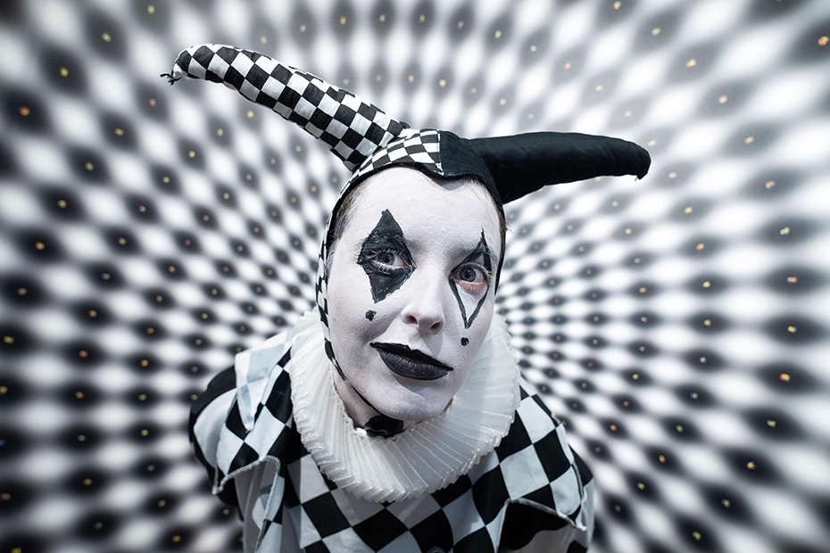 Karina Boylan, from Complete Works Scotland, plays the part of Jingles the Jester during the Halloween celebrations at the Camera Obscura & World of Illusions, Edinburgh.