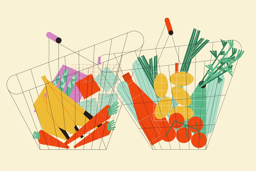 Illustration of two supermarket shopping carts full of healthy and fresh vegetables or food
