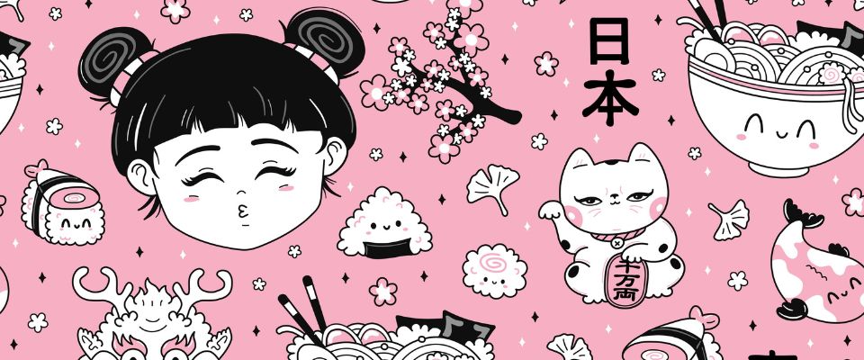 Motivo senza soluzione di continuità in stile Anime giapponese. Icona di illustrazione di personaggio cartone animato kawaii disegnata a mano in vettoriale.