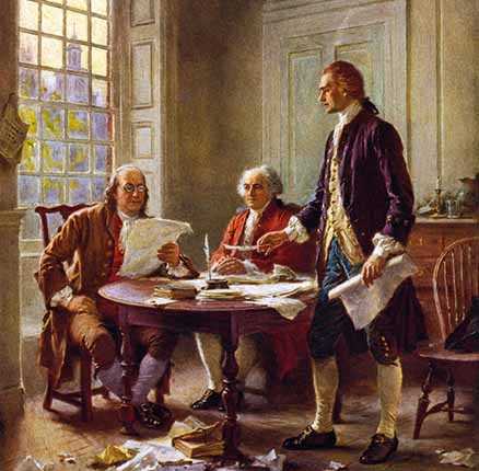 Painting by Jean Leon Gerome Ferris showing the Founding Fathers drafting the US Declaration of Independence in 1776