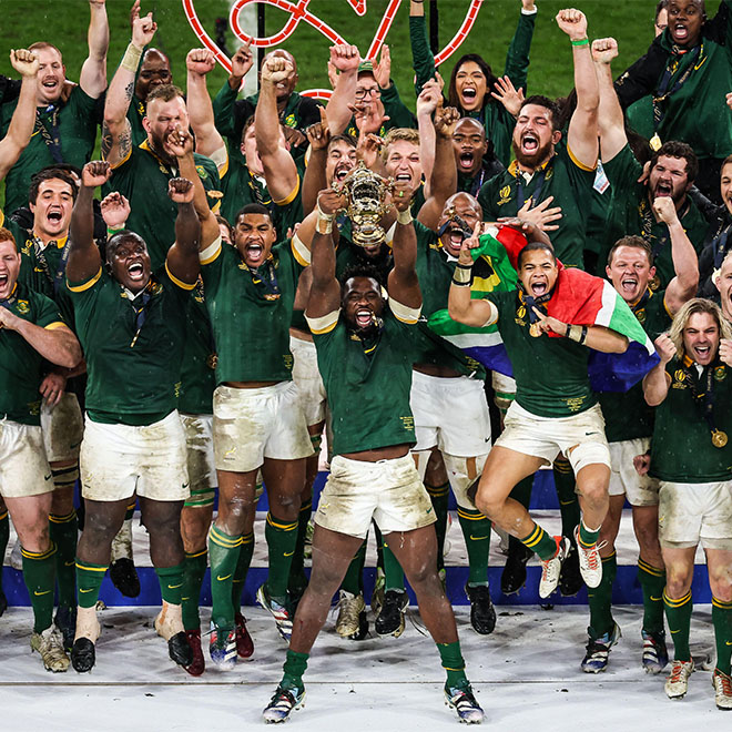 Saint Denis, France. 28th Oct, 2023. Players of South Africa celebrate the victory with the trophy during the World Cup 2023, Final rugby union match between New Zealand and South Africa