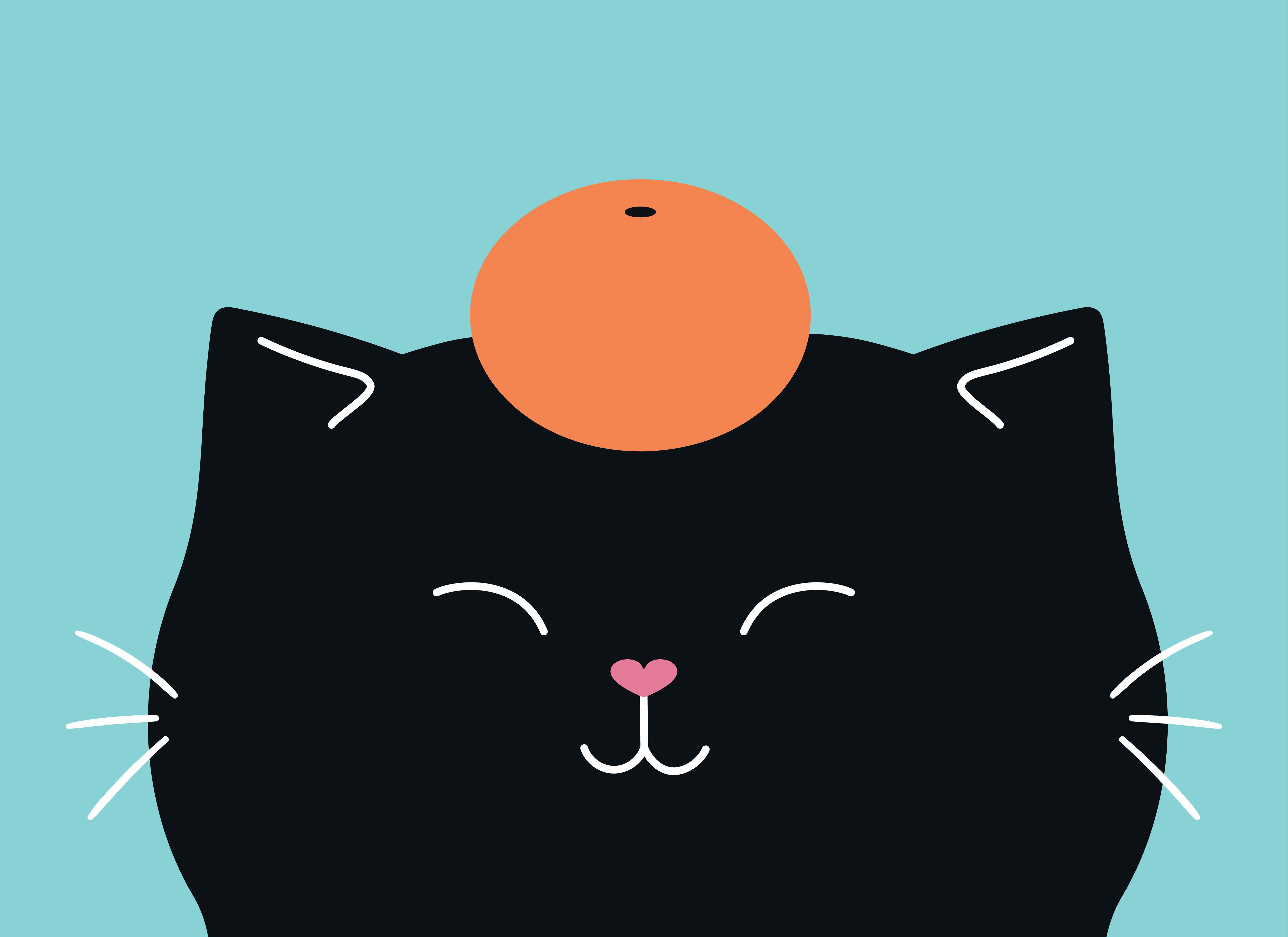 Cute kawaii cat with a tangerine on a head. Vector illustration