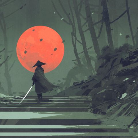 Samurai standing on stairway in night forest with the red moon on background,illustration painting - Image ID: HHTH17 (RF)