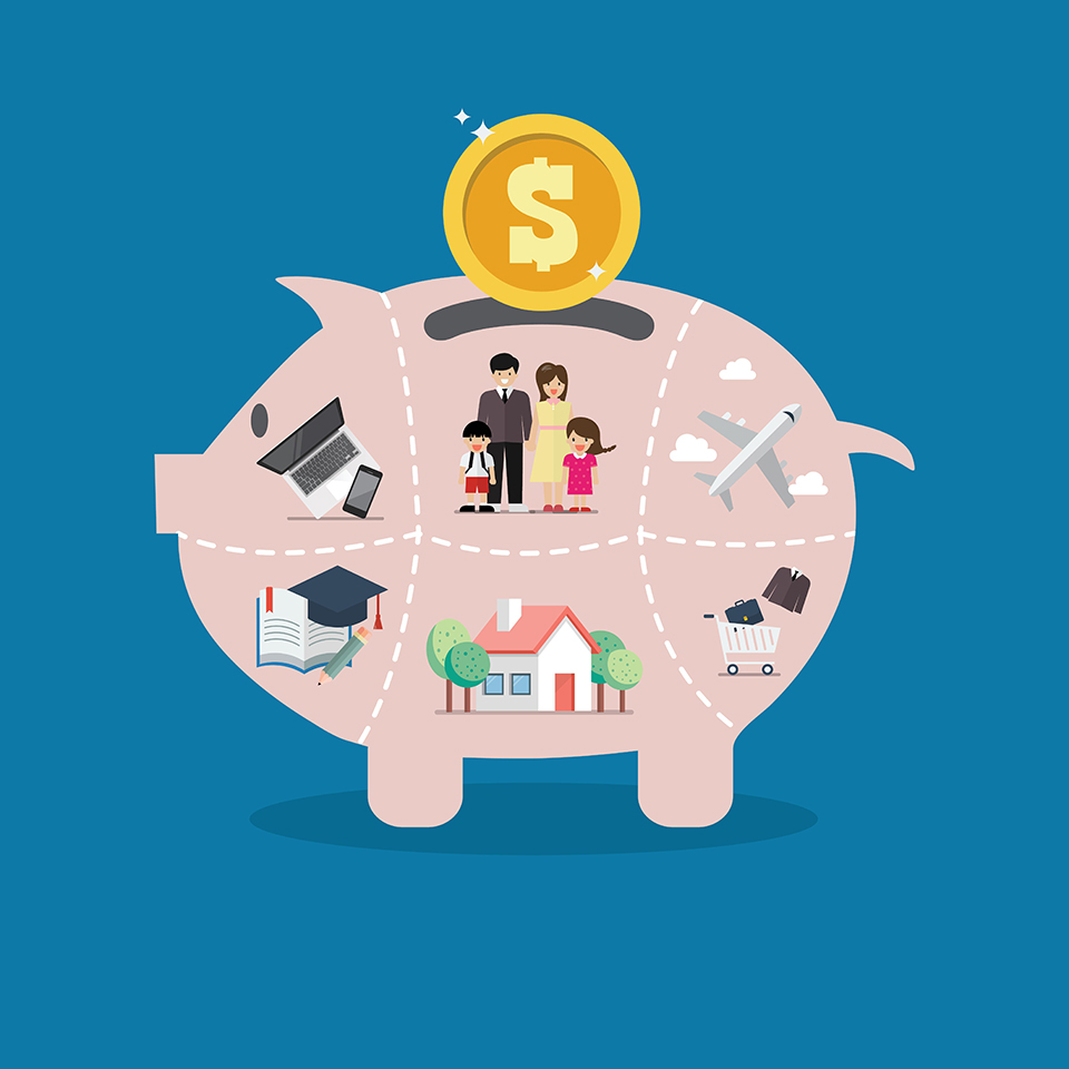 Piggy bank saving money portion for life. Vector illustration