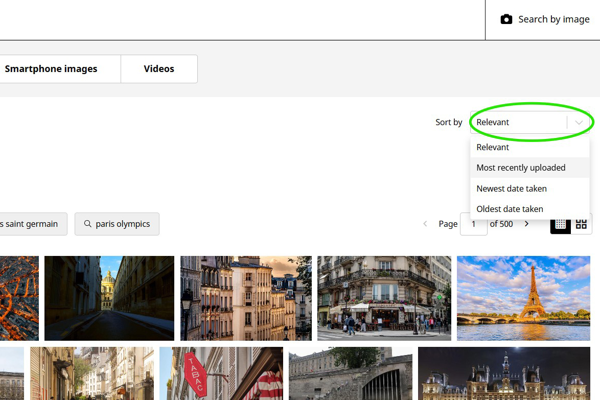 17�Թ����� search results page highlighting the sort order dropdown options for organising a Paris city landmark search