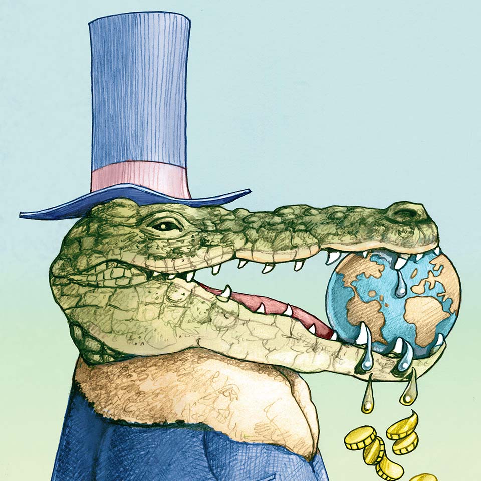 A crocodile-faced financier keeps the world in the throats concept of reckless and cruel finance