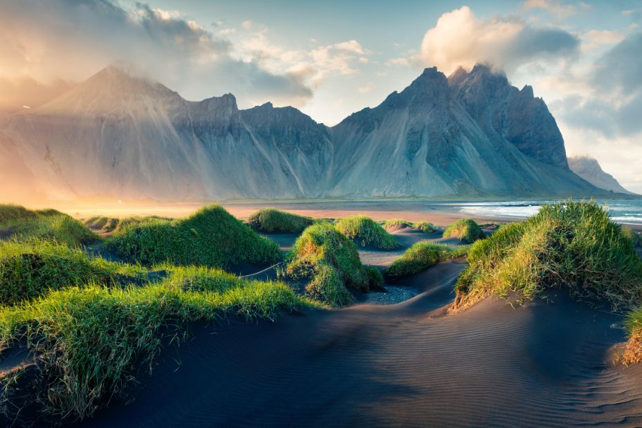 Black sand dunes on the Stokksnes headland on southeastern Icelandic coast. Iceland, Europe