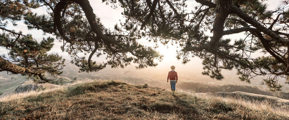 Enfant debout sous un arbre avec vue sur les collines