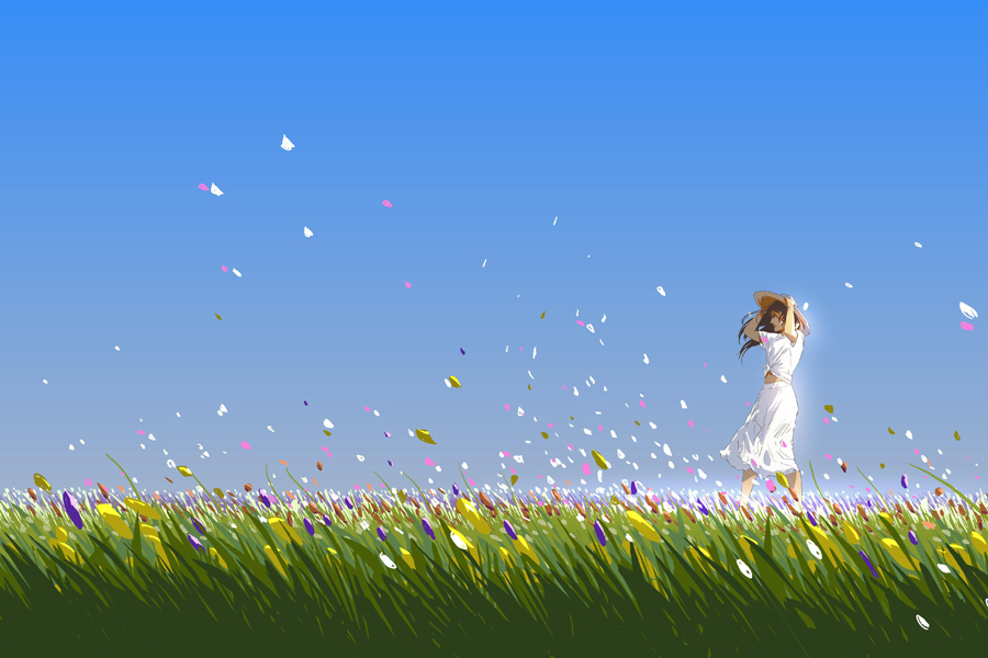 beautiful woman standing in the flower field on a summer day, vector illustration