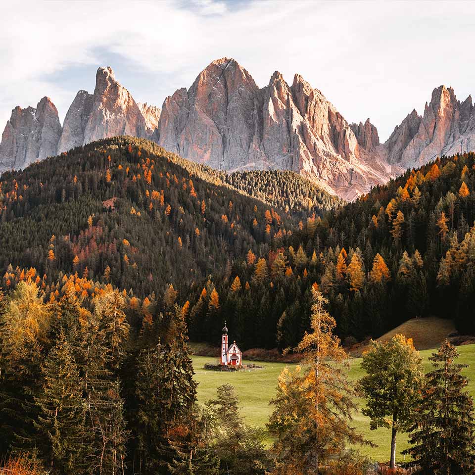 Beautiful shot of Chiesetta di San Giovanni Church in Ranui Dolomites Italy.